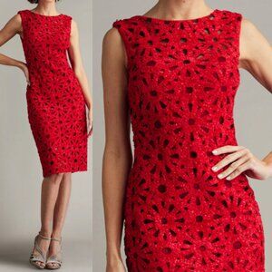 NWT Tadashi Shoji CFZ1419M Reva Embroidered Cutout Shift Formal Dress Flame red